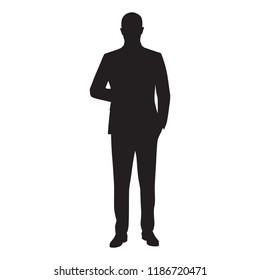 Businessman isolated vector silhouette. Man in suit standing with hand in pocket, front view