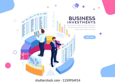 Businessman, isometric chart on device. Strategy analytics and economic. Analyze future progress on finger device. International strategy for executive network. Concept with characters. Flat isometric