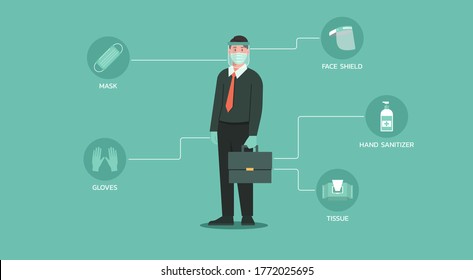 businessman with items such as mask, face shield, tissue, gloves, and hand sanitizer to prevent the spreading COVID-19 or coronavirus, virus transmission, character cartoon flat vector illustration