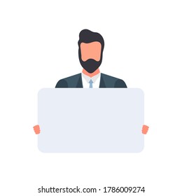 Businessman in a jacket. Blank poster with place for text. Male holding a clean banner isolated on a white background. The guy shows the poster. Vector.
