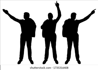 Businessman with a jacket in his hand. Man in a suit stands still, waving his hand around. Emotional performance with hand gestures. Speech. Three black male silhouettes isolated on a white background