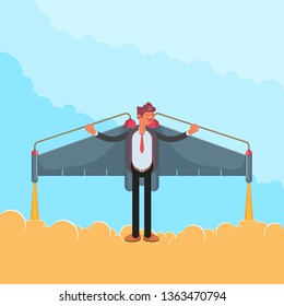 Businessman in a jetpack. Flight. Striving upwards. Modern vector illustration. - Vector illustration