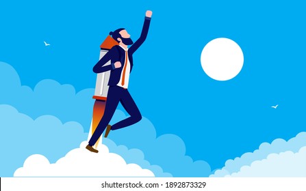 Empresario con jetpack - Hombre volando alto en el cielo con nubes y sol. Progreso empresarial y concepto de crecimiento. Ilustración vectorial.