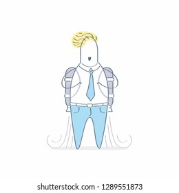Businessman with Jetpack, rocket soaring out of the clouds. New business launch, career boost, startup and business growth, effort to reach the highest goal, achievement. Cartoon doodle Vector