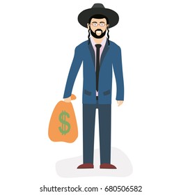 Businessman Jew, ortodox, Hasid, rabbi with money bag in business clothes on a white background, cartoon character. Earnings. A man with a beard in glasses and hat. Isolate, vector illustration EPS10