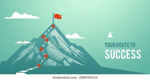 businessman journey concept vector illustration of a mountain with path and a flag at the top, route to mountain peak, business journey and planning concept.