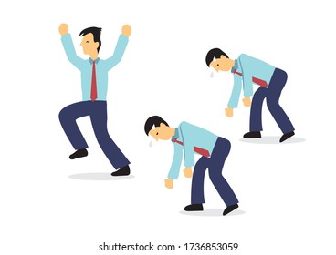 Businessman in joy while the other businessmen feeling exhausted. Concept of innovation or different. Isolated cartoon vector illustration