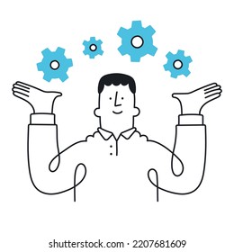 Businessman juggle with cogs. Concept of effective work, smart technology, business synergy. Outline, linear, thin line, doodle art. Simple style with editable stroke.