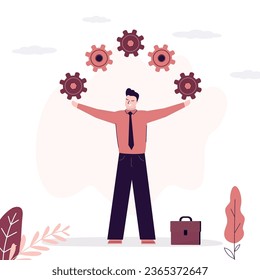 Businessman juggles gears. Skills improvement. Thinking and looking for solutions to problems, creativity, intelligence to solve business problems, analysis and planning to achieve result and success.