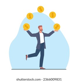 Businessman juggles gold coins. Rich successful person, profit from investments or deposits, financial growth, entrepreneur or manager. Cartoon flat style isolated illustration. Vector concept