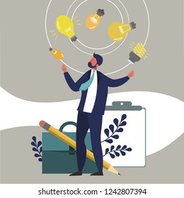 Businessman juggles with ideas. Flat style. Cartoon vector illustration