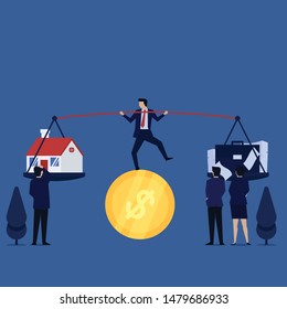 Businessman juggling act above coin confuse between home and work. Illustration For Wallpaper, Banner, Background, Book Illustration, And Web Landing Page.