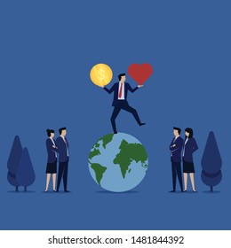 Businessman juggling act above globe while holding coin and heart metaphor of make decision. Illustration For Wallpaper, Banner, Background, Book Illustration, And Web Landing Page.