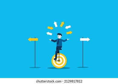 Businessman juggling arrow symbol while riding bicycle. The concept of choosing a business direction.