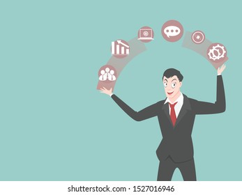 and Businessman juggling business icons acrobat concept, business vector illustration idea, leader with Controller cartoon design.