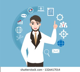 Businessman juggling business icons. Concept business vector illustration,cute character good mood employee with super skill for hard work,strategy for success design of office man,superlative boss.