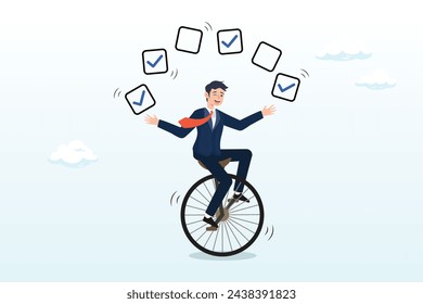 Businessman juggling checkbox on unicycle, todo list professional, business or work accomplishment, project management to track completed tasks or checklist to check for completion (Vector)