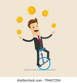 Businessman juggling coin while cycling. Vector, illustration, flat