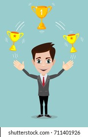 Businessman juggling with gold trophy goblet ,he celebrates his victory. Stock flat vector illustration.