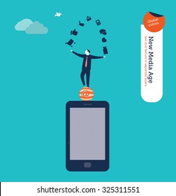 Businessman juggling with internet icons on a smartphone. Vector illustration Eps10 file. Global colors. Text and Texture in separate layers.