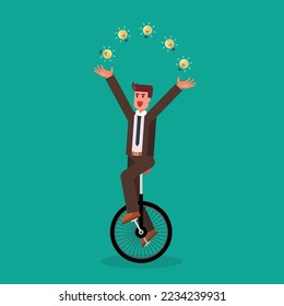 Businessman juggling the light bulb on unicycle. Business idea concept. vector illustration