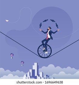 Businessman Juggling Men and Women icon Whilst Riding a Unicycle-Man management concept