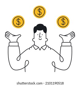 Businessman juggling money. Outline, linear, thin line, doodle art. Simple style with editable stroke.