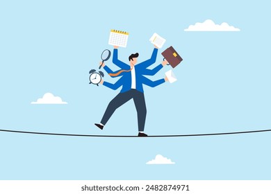 Businessman juggling multiple tasks balancing on tightrope concept multitasking challenges