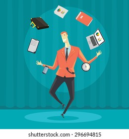 Businessman juggling with office equipment. Creative vector cartoon illustration on make money and wealth management concept.