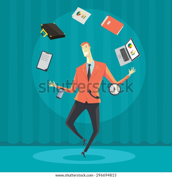 Businessman juggling with office equipment.\
Creative vector cartoon illustration on make money and wealth\
management\
concept.