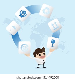 Businessman juggling package icons. Concept package vector illustration