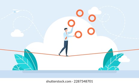 Businessman juggling with rings on rope. Juggler businessman manager showing skill and ease of control in management multitasking. Wealth management. Business risk concept. Flat vector illustration