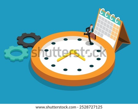 A businessman juggling time management with a clock, calendar, and gears representing productivity 3d isometric vector illustration
