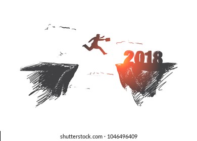 Businessman jump to 2018 concept. Hand drawn man jump between 2017 and 2018 years. Silhouette of businessman jump into new year for success isolated vector illustration.