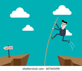 Businessman jump across the obstacles high pole to success point.