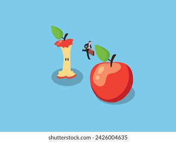 Businessman jump from apple eaten down to the core to new apple core 3d isometric vector illustration