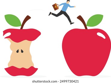 Hombre de negocios saltar de manzana comido hasta el núcleo de la nueva manzana. Transformación empresarial. Ilustración vectorial plana

