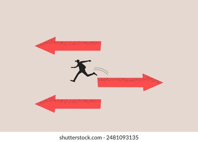 Businessman jump arrow sign to other direction. concept of Change career, different path or direction, find new way and opportunity