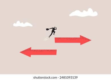 Businessman jump arrow sign to other direction. concept of Change career, different path or direction, find new way and opportunity