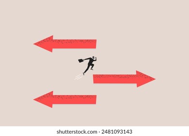 Businessman jump arrow sign to other direction. concept of Change career, different path or direction, find new way and opportunity