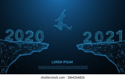 Businessman jump between 2020 and 2021 years.glowing blue. Low polygon, particle, and triangle style design.Wireframe light connection structure.happy new year 2021.