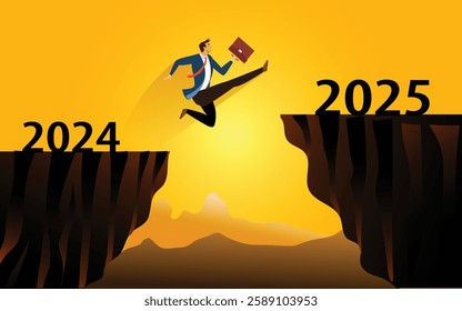 Businessman jump between 2024 and 2025 years and through on the gap of hill silhouette evening blue sky background. happy new year concept.vector,illustration