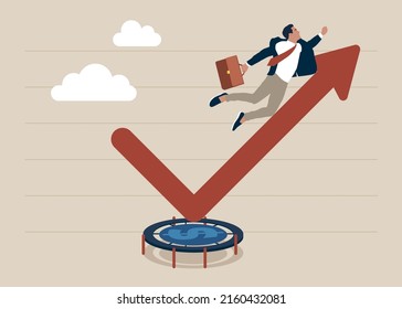 Businessman jump bouncing high on trampoline with green rising up performance arrow graph. Stock market rebound, overcome business down fall and grow up profit or leadership and achievement concept.