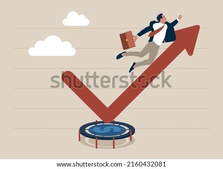 Businessman jump bouncing high on trampoline with green rising up performance arrow graph. Stock market rebound, overcome business down fall and grow up profit or leadership and achievement concept.