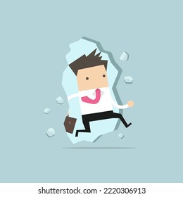 Businessman jump to breakthrough the wall for freedom. vector