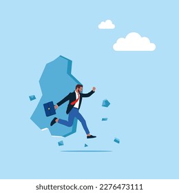 Businessman jump to breakthrough the wall for freedom. Modern vector illustration in flat style