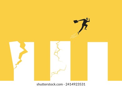 Businessman jump careful on cracked or broken graph. Job opportunity and career. concept of under pressure. risk, financial, and tax