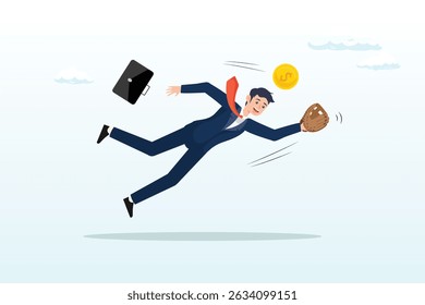 Businessman jump to catch golden money coin with baseball catcher glove, investment opportunity, catching bargain stock or mutual funds, grab winning profit or earning concept