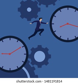 Businessman jump from clock to another with gear background metaphor of time management. Illustration For Wallpaper, Banner, Background, Book Illustration, And Web Landing Page.
