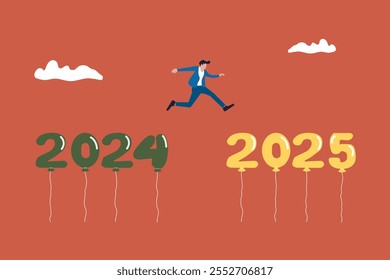 Businessman jump cross the gap from year 2024 to 2025. Happy new year 2023 hope for business success, opportunity, career, and enjoy life